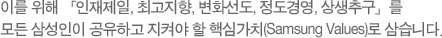 이를 위해 「인재제일, 최고지향, 변화선도, 정도경영, 상생추구」를 모든 삼성인이 공유하고 지켜야 할 핵심가치(Samsung Values)로 삼는다.